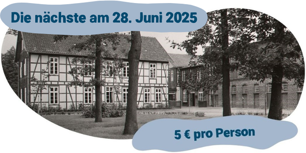 KI generiert: Ein Fachwerkhaus mit Bäumen, Text: "Die nächste am 28. Juni 2025, 5 € pro Person".
