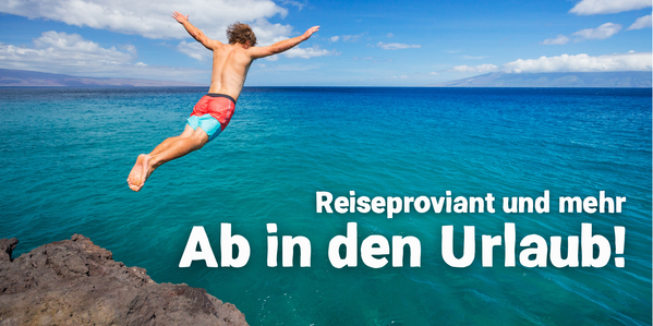 KI generiert: Eine Person springt ins Meer. Text: "Reiseproviant und mehr Ab in den Urlaub!"