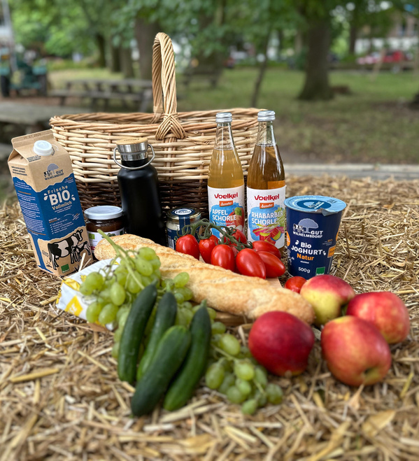 KI generiert: Picknick-Korb mit Bio-Lebensmitteln: Saft, Milch, Joghurt, Brot, Gemüse und Obst.
