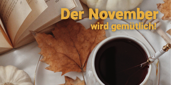 KI generiert: Ein aufgeschlagenes Buch, Herbstblätter, Kaffee. Text: "Der November wird gemütlich!"